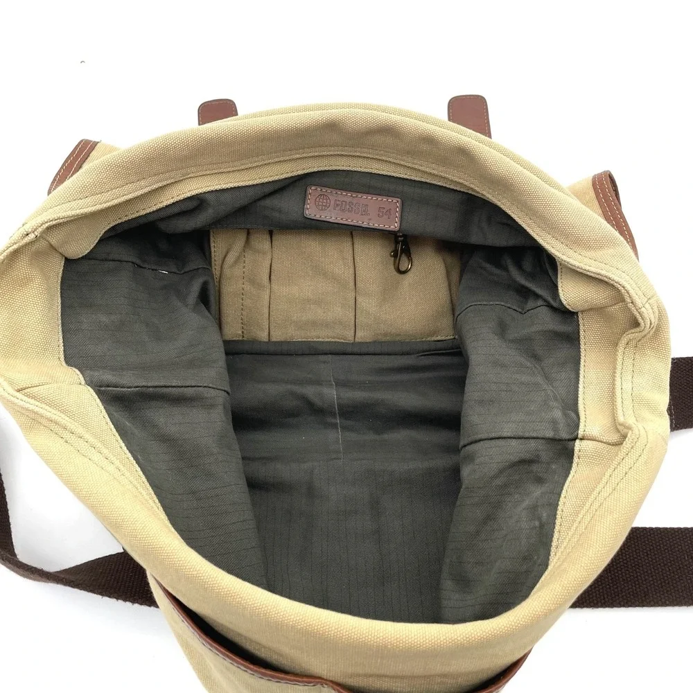 VTG Fossil Cotton Canvas and Leather Oversized Messenger Book Bag Unisex Travel